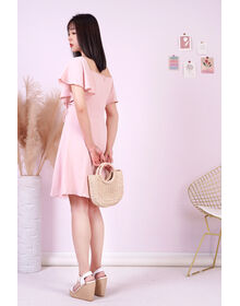 Fine Flare Sleeve Dual Drawstring Pleated Top Swing Dress (Pink)
